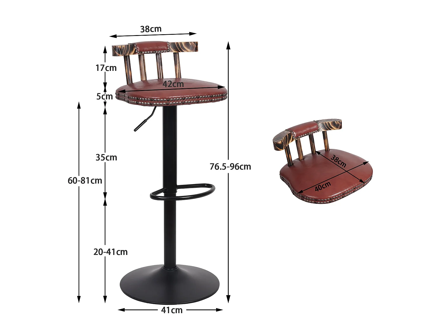 Tabouret bar industriel hauteur réglable lot de 2 chaises de cuisine en cuir pu vintage avec dossier et repose-pieds 42x39x76.5cm à 98cm