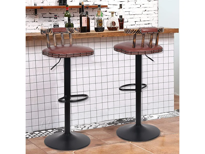 Tabouret bar industriel hauteur réglable lot de 2 chaises de cuisine en cuir pu vintage avec dossier et repose-pieds 42x39x76.5cm à 98cm