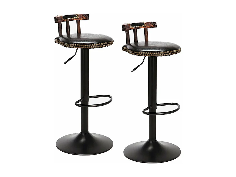 Tabouret bar en cuir pu lot de 2 industriel chaise cuisine hauteur réglable vintage avec dossier et repose-pieds 42x39x76.5cm à 98cm