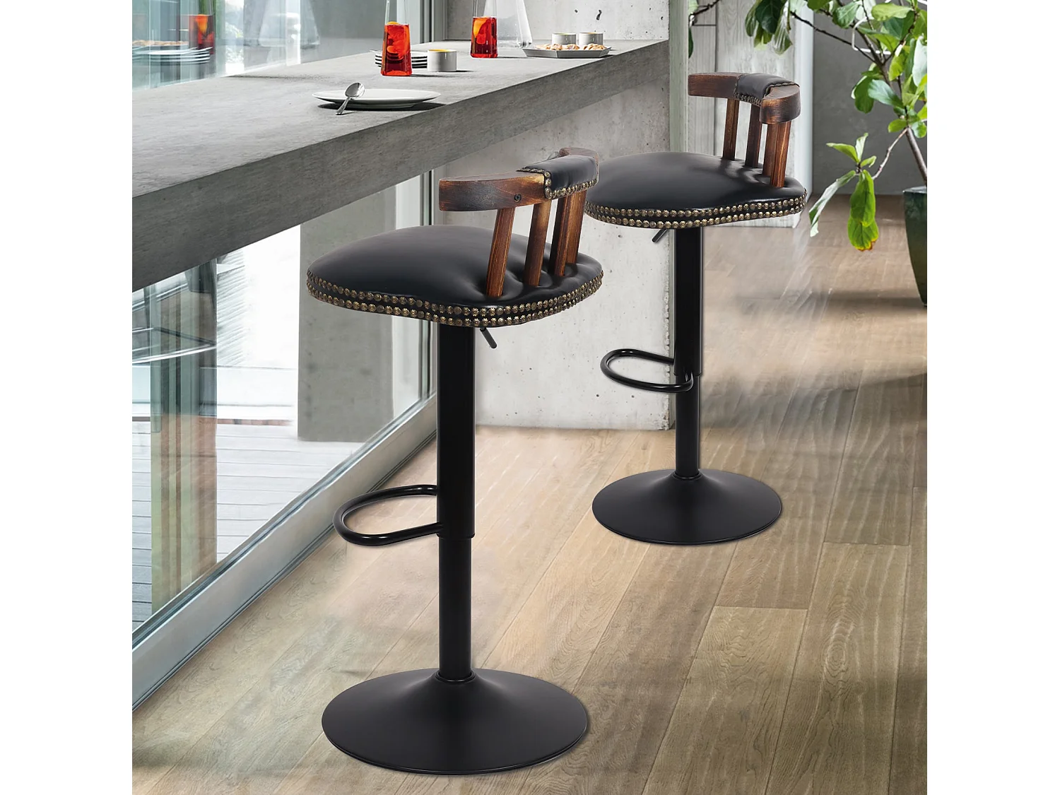 Tabouret bar en cuir pu lot de 2 industriel chaise cuisine hauteur réglable vintage avec dossier et repose-pieds 42x39x76.5cm à 98cm