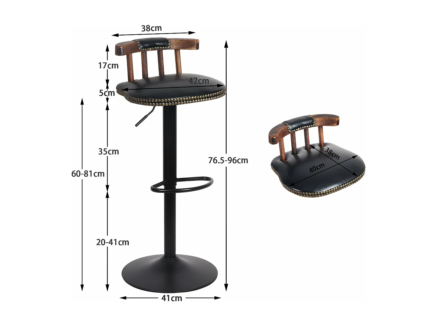 Tabouret bar en cuir pu lot de 2 industriel chaise cuisine hauteur réglable vintage avec dossier et repose-pieds 42x39x76.5cm à 98cm