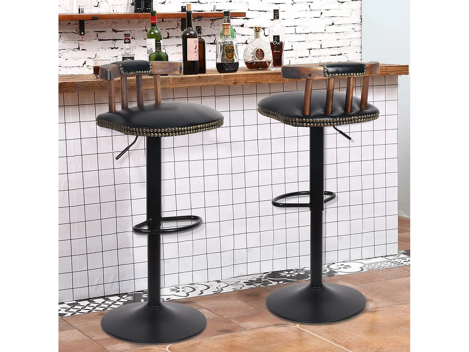 Tabouret bar en cuir pu lot de 2 industriel chaise cuisine hauteur réglable vintage avec dossier et repose-pieds 42x39x76.5cm à 98cm