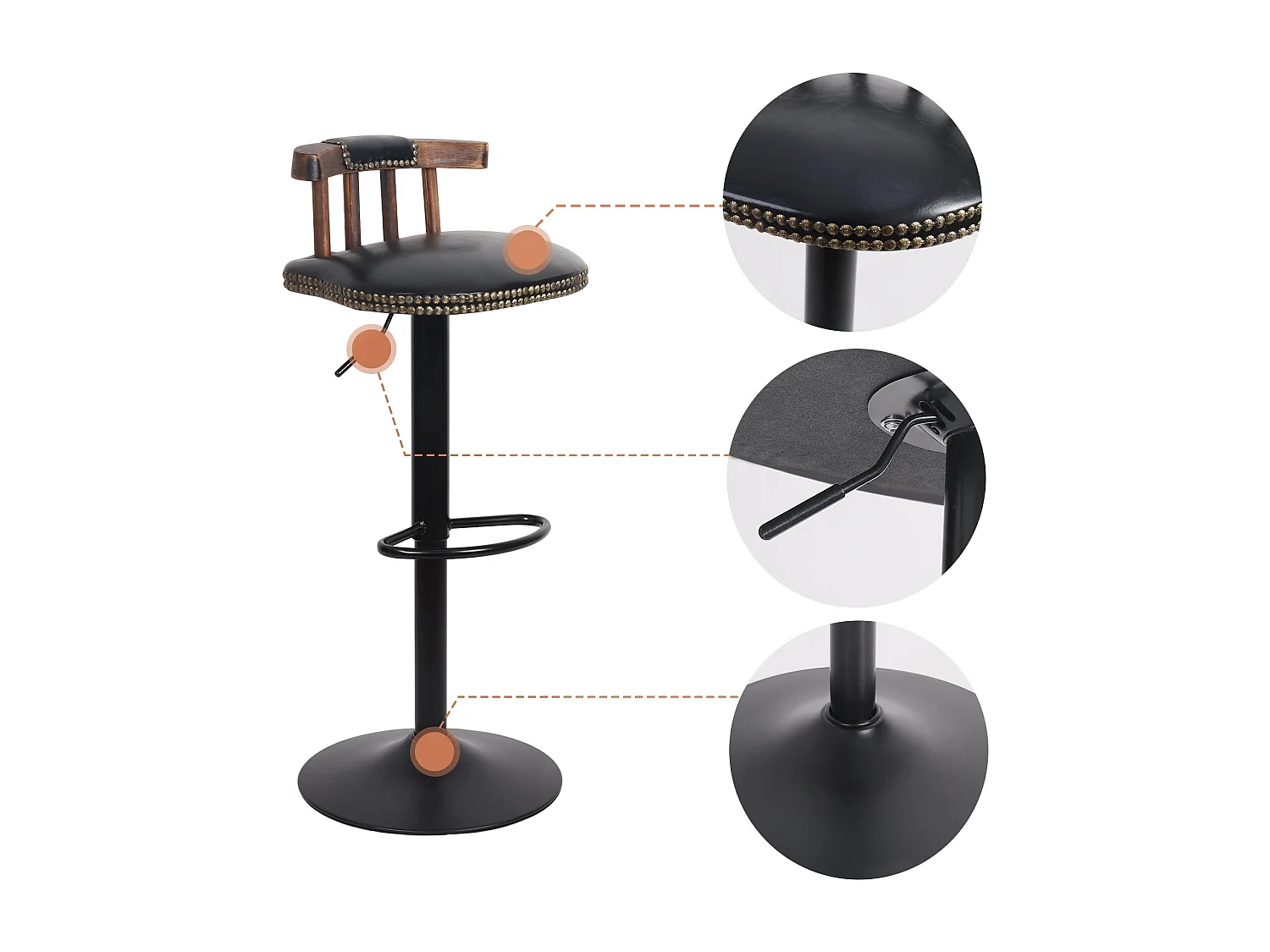 Tabouret bar en cuir pu lot de 2 industriel chaise cuisine hauteur réglable vintage avec dossier et repose-pieds 42x39x76.5cm à 98cm