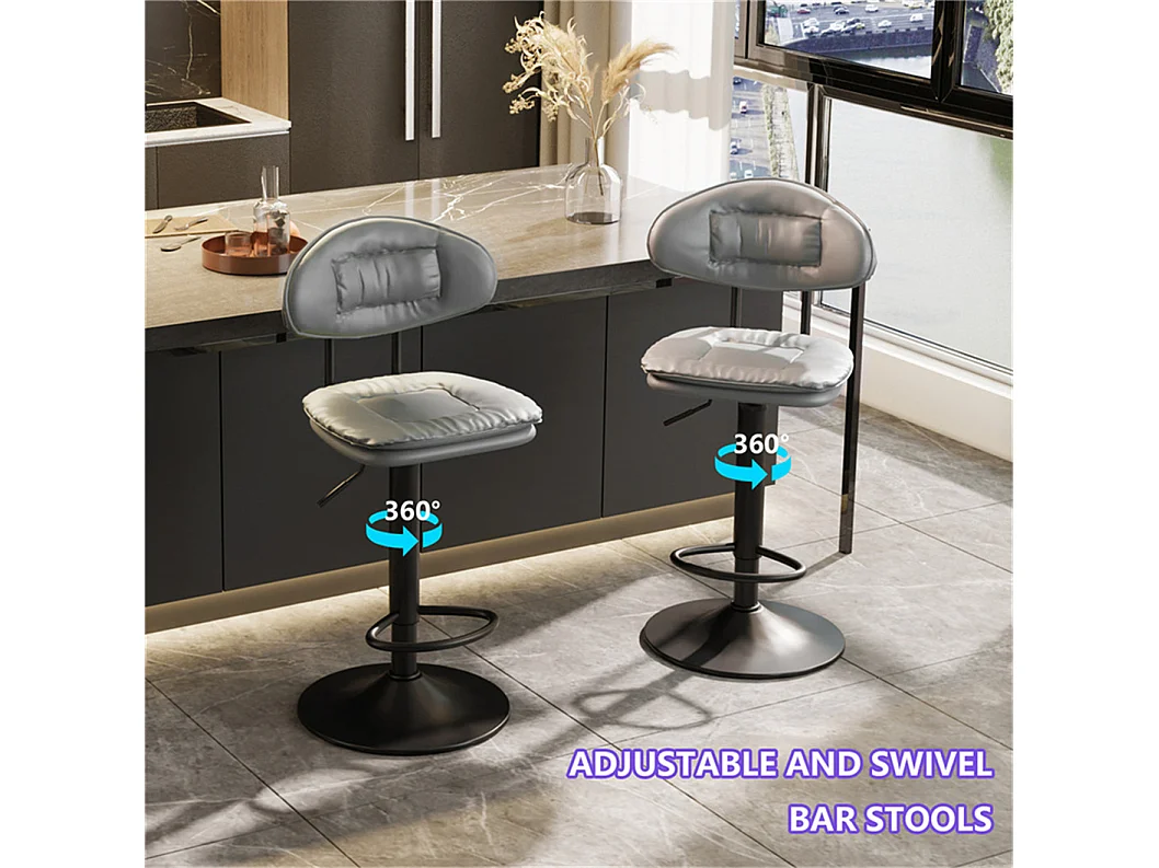 Lot de 2 tabouret de bar avec dossier et repose-pieds chaises de cuisine en cuir hauteur réglable pivotant à 360 46.7x40x56.5?à 75.5cm