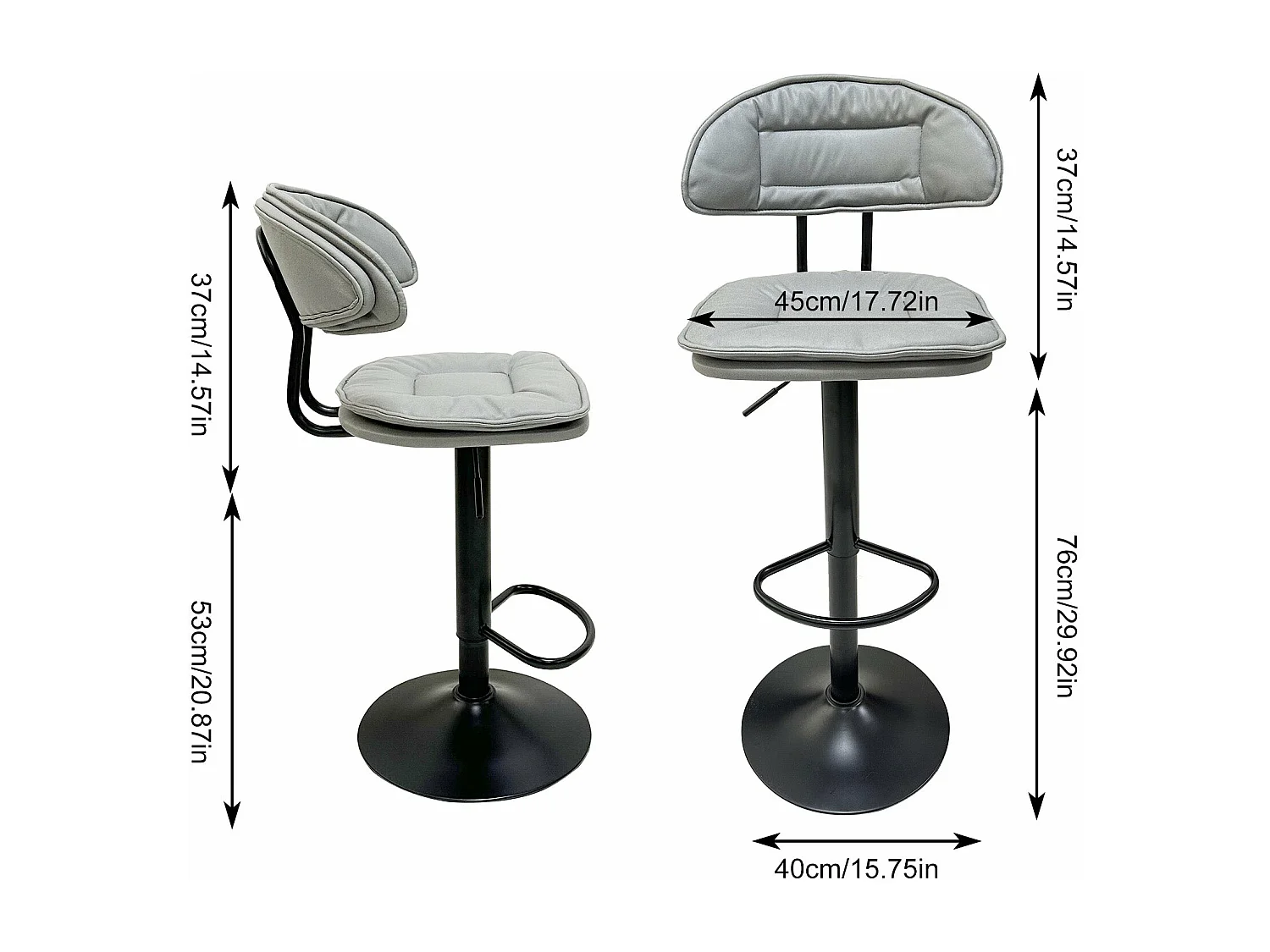 Lot de 2 tabouret de bar avec dossier et repose-pieds chaises de cuisine en cuir hauteur réglable pivotant à 360 46.7x40x56.5?à 75.5cm