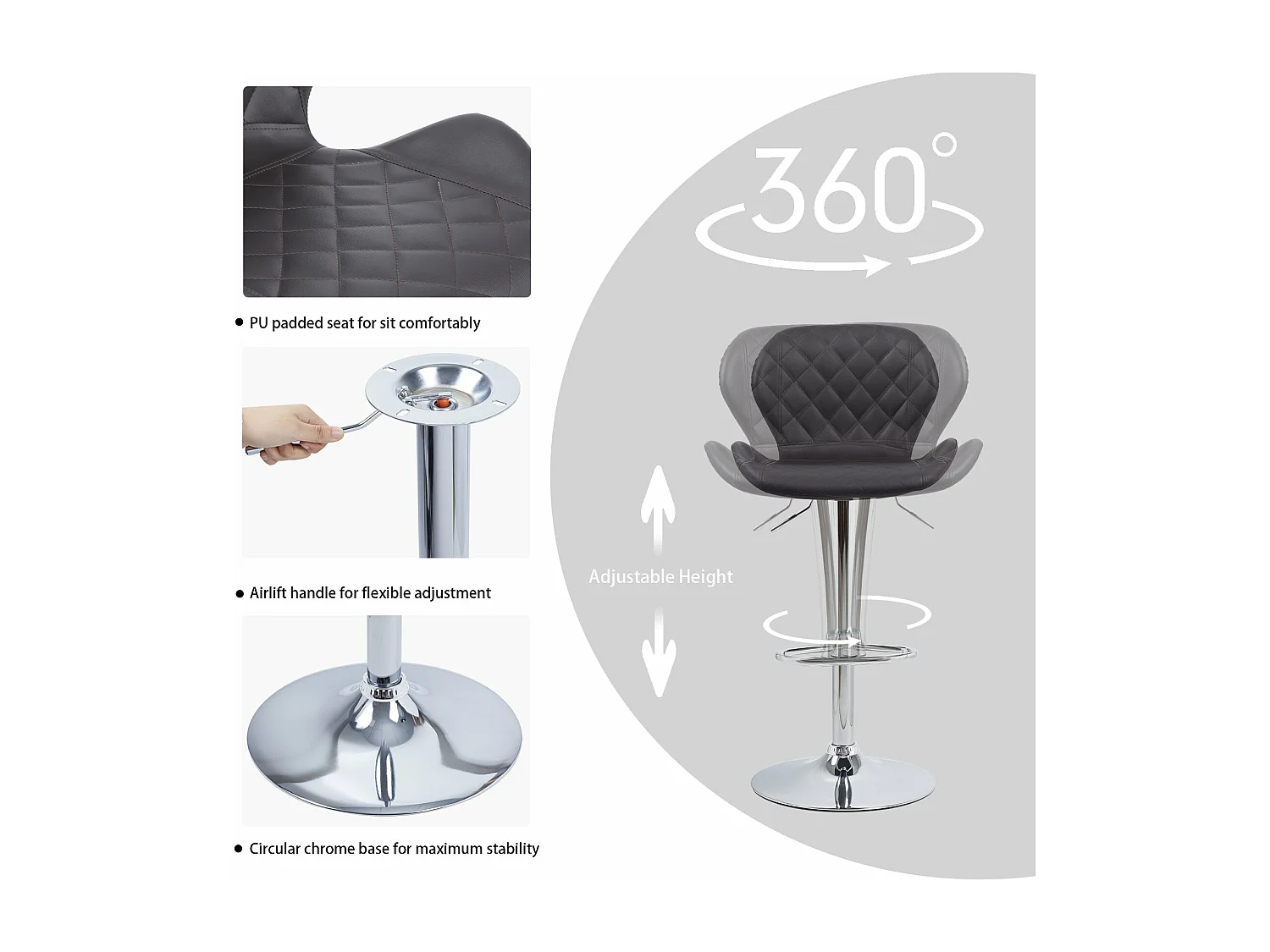 Tabouret de bar industrielle vintage en cuir et métal rotatif hauteur réglable siège cuisine charge max 150kg 50x42x87 à 110cm