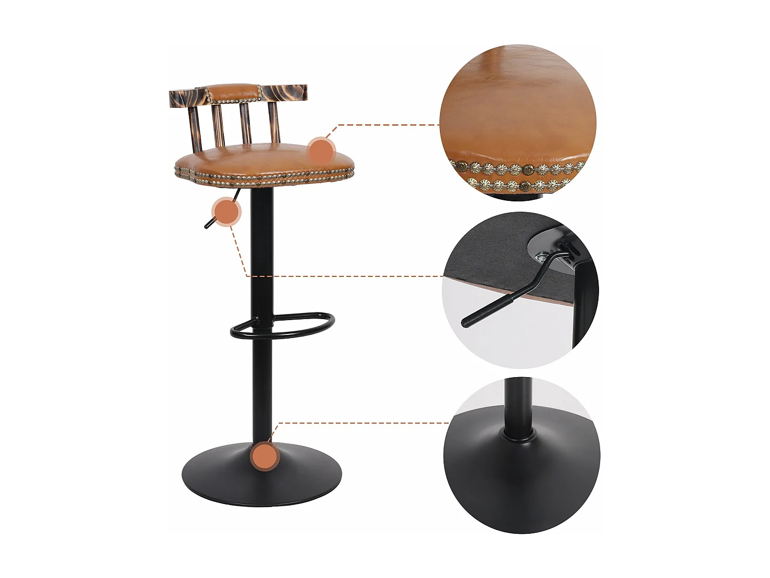 Lot de 2 tabouret de bar industriel chaise de bar haute réglable cuisine en cuir pu tabouret haut vintage 42x39x76.5cm à 98cm