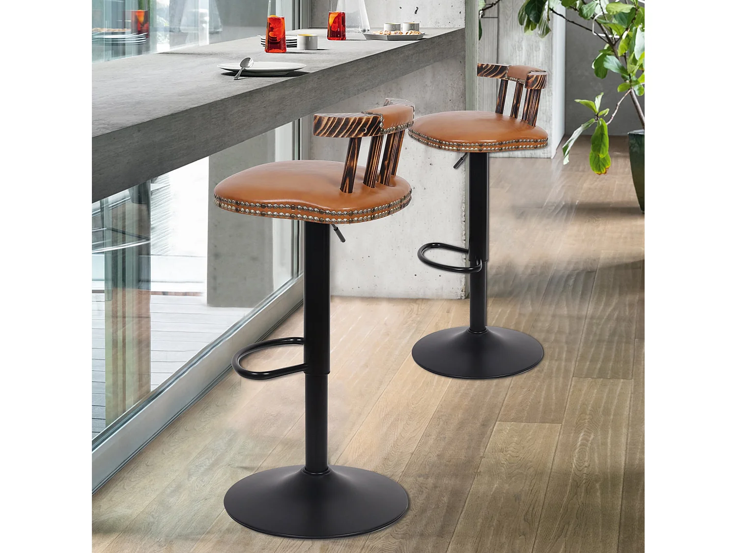 Lot de 2 tabouret de bar industriel chaise de bar haute réglable cuisine en cuir pu tabouret haut vintage 42x39x76.5cm à 98cm