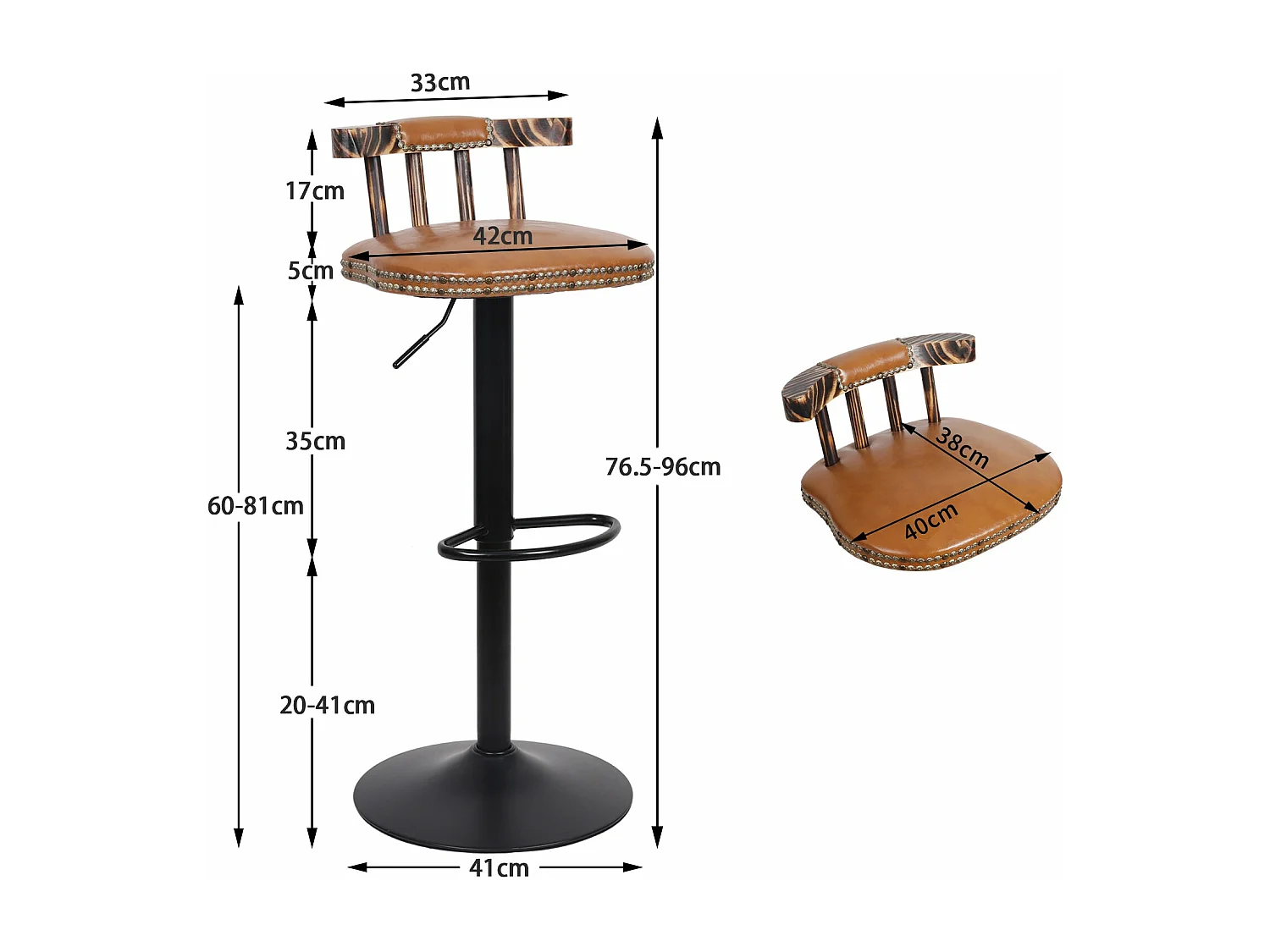 Lot de 2 tabouret de bar industriel chaise de bar haute réglable cuisine en cuir pu tabouret haut vintage 42x39x76.5cm à 98cm