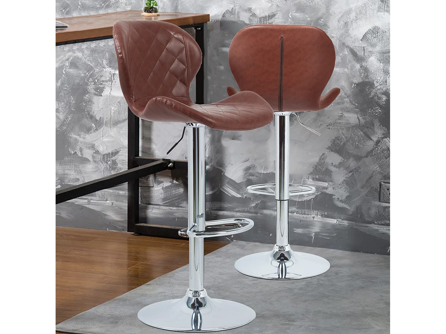 Tabouret de bar industriel lot de 2 chaises cuisine en cuir hauteur réglable vintage avec dossier et repose-pieds 46.5x38x73 à 108 cm