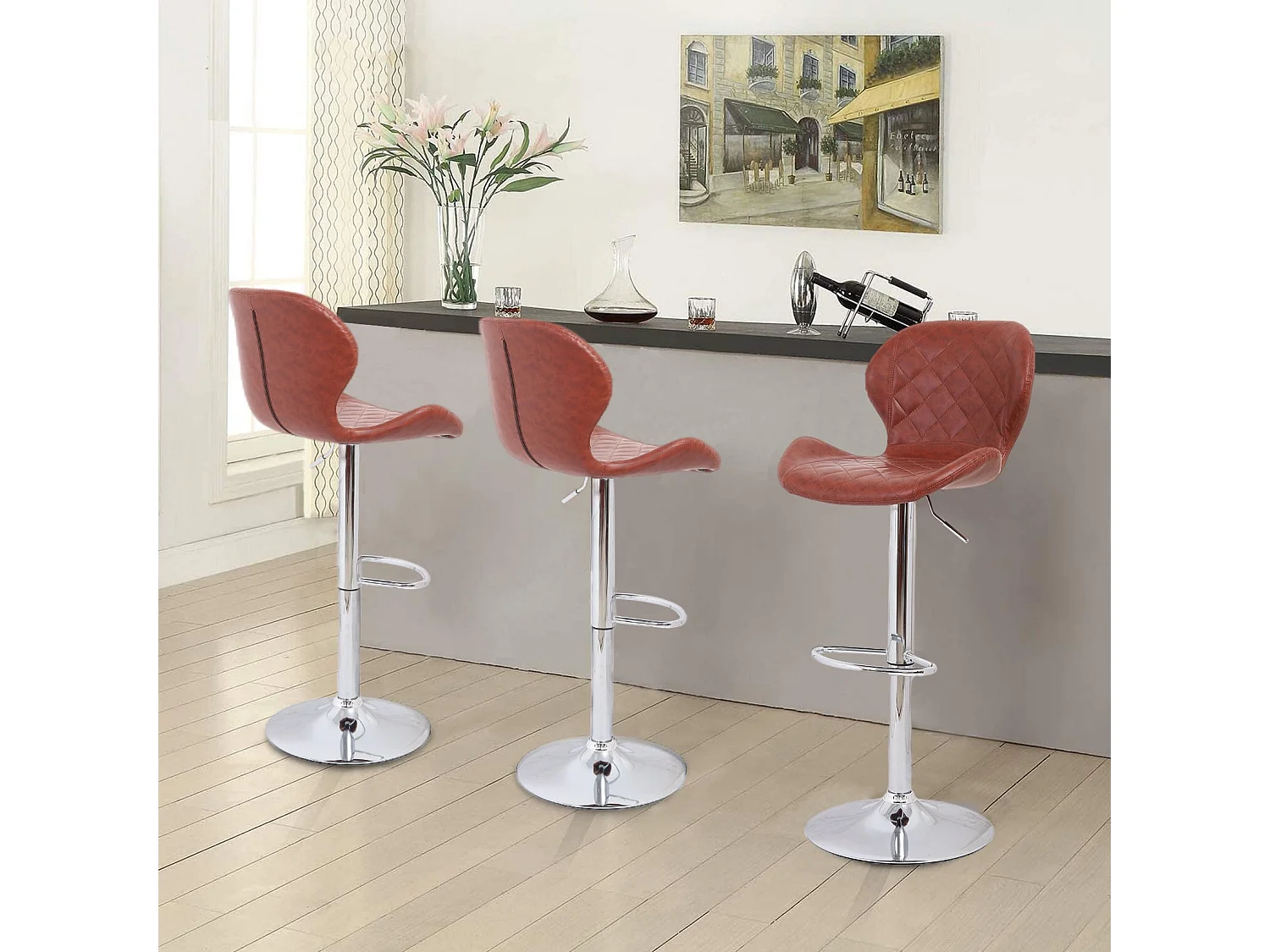 Tabouret de bar industriel lot de 2 chaises cuisine en cuir hauteur réglable vintage avec dossier et repose-pieds 46.5x38x73 à 108 cm