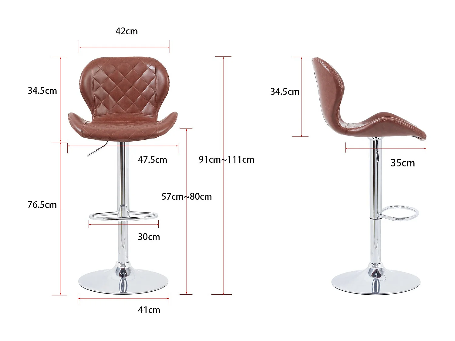 Tabouret de bar industriel lot de 2 chaises cuisine en cuir hauteur réglable vintage avec dossier et repose-pieds 46.5x38x73 à 108 cm