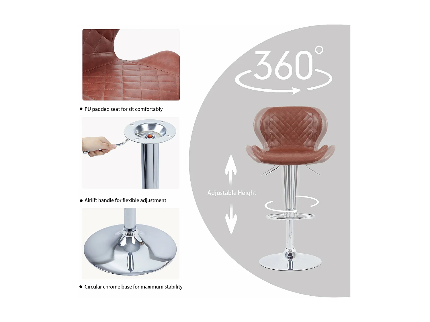 Tabouret de bar industriel lot de 2 chaises cuisine en cuir hauteur réglable vintage avec dossier et repose-pieds 46.5x38x73 à 108 cm