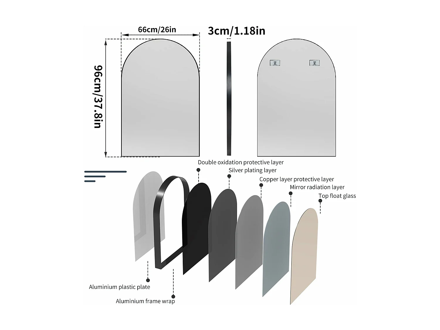 Miroir mural moderne miroir design vertical ou horizontal 66x96cm