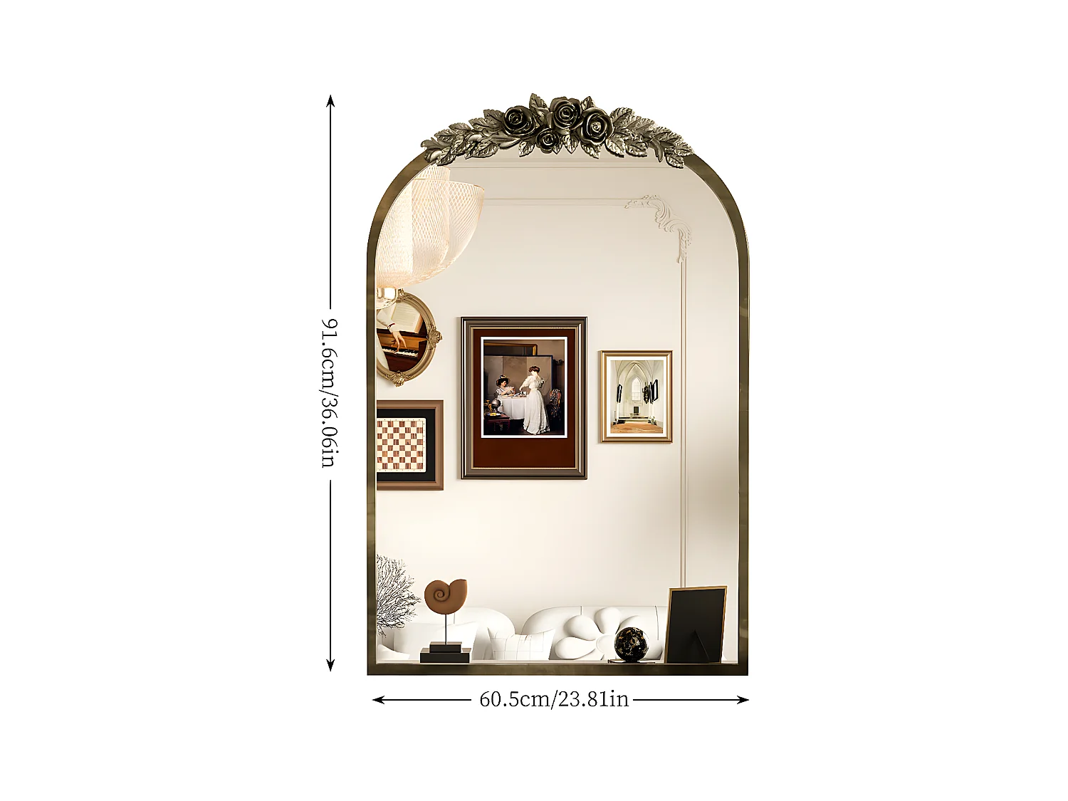 Specchio da parete dorato per la decorazione del soggiorno - 60,5x5x91,6cm, specchio ad arco vintage per camino da bagno, ingresso 91,6x60,5cm