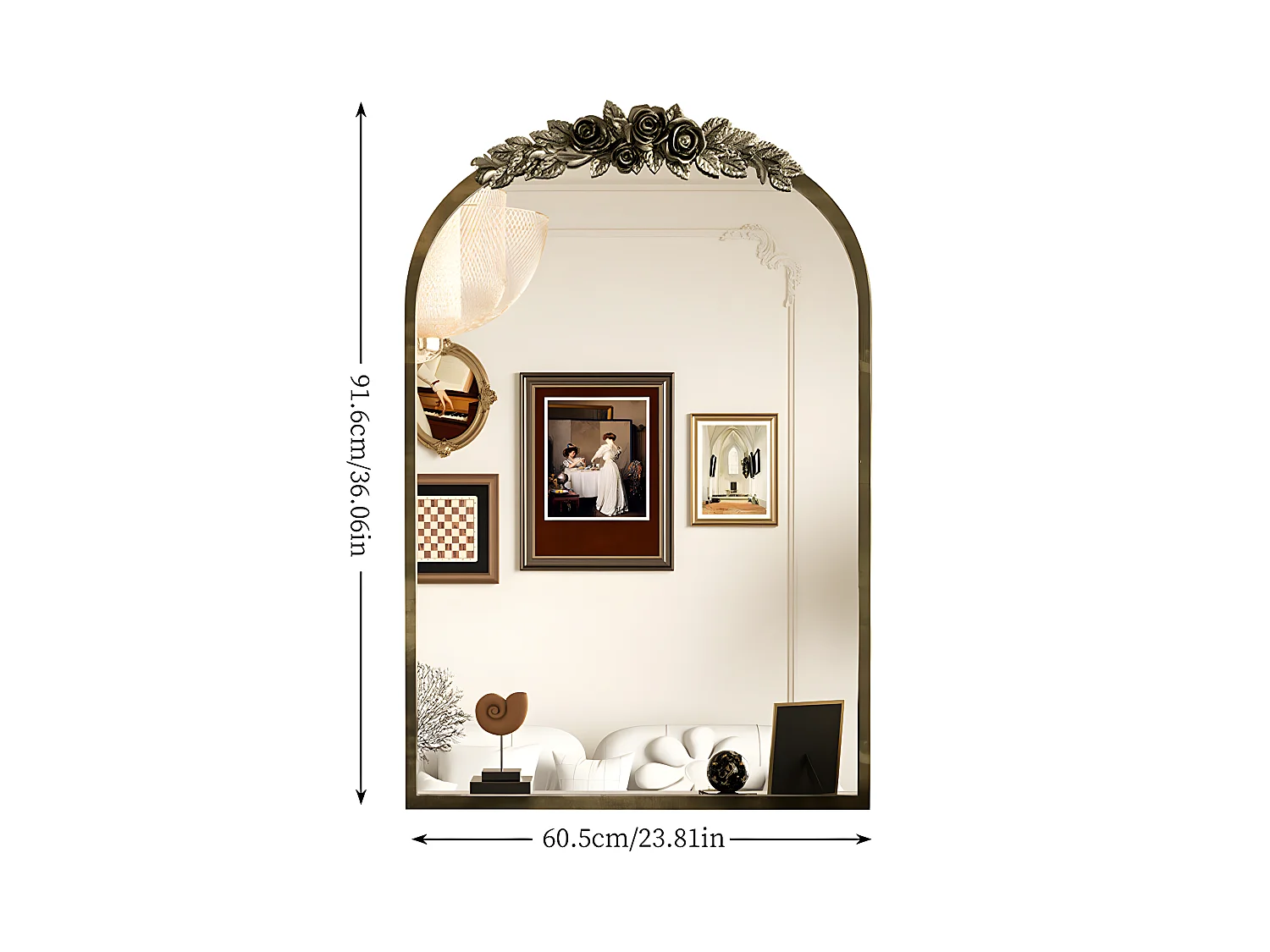 Specchio da parete dorato per la decorazione del soggiorno - 60,5x5x91,6cm, specchio ad arco vintage per camino da bagno, ingresso 91,6x60,5cm