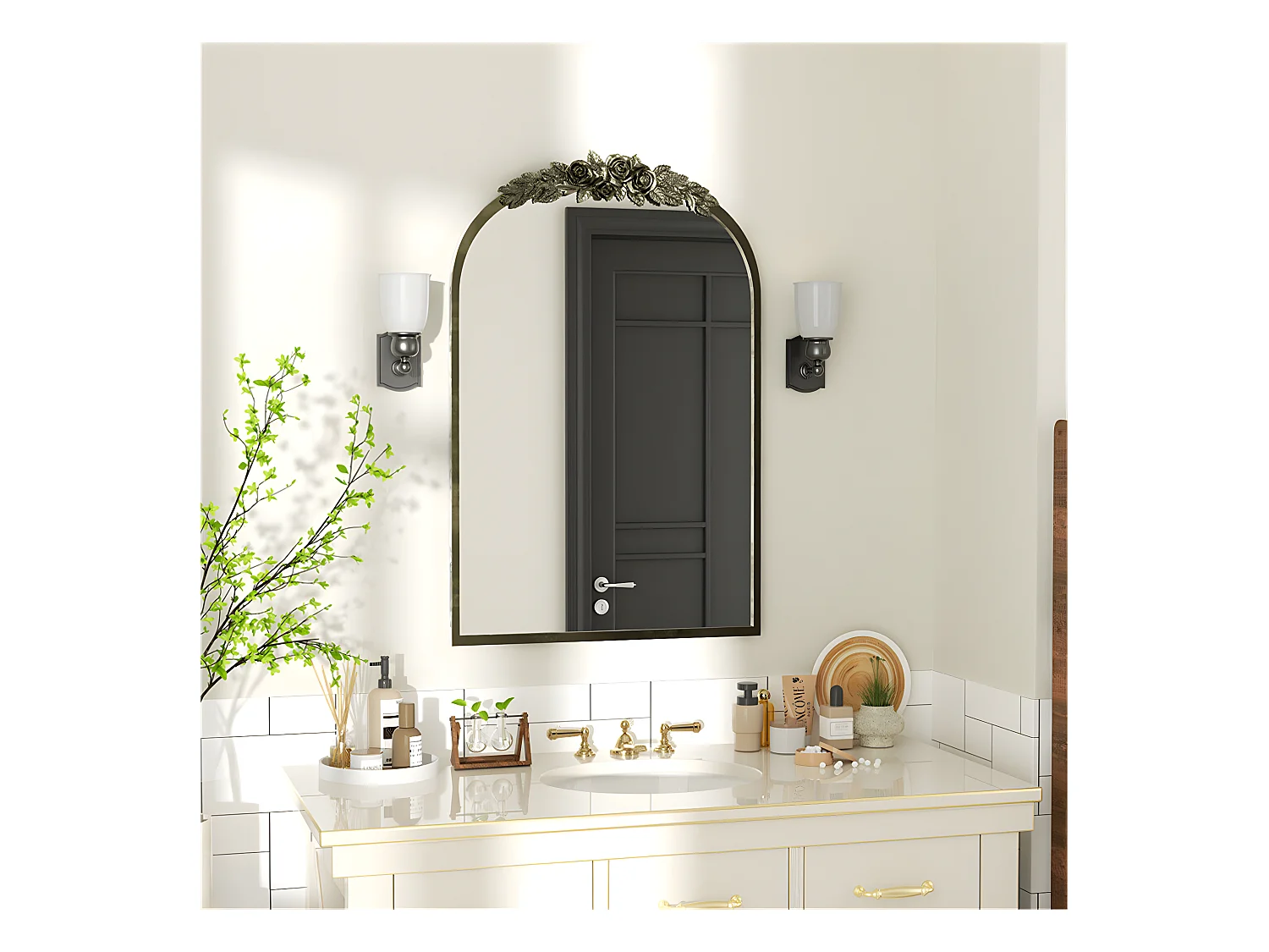 Specchio da parete dorato per la decorazione del soggiorno - 60,5x5x91,6cm, specchio ad arco vintage per camino da bagno, ingresso 91,6x60,5cm