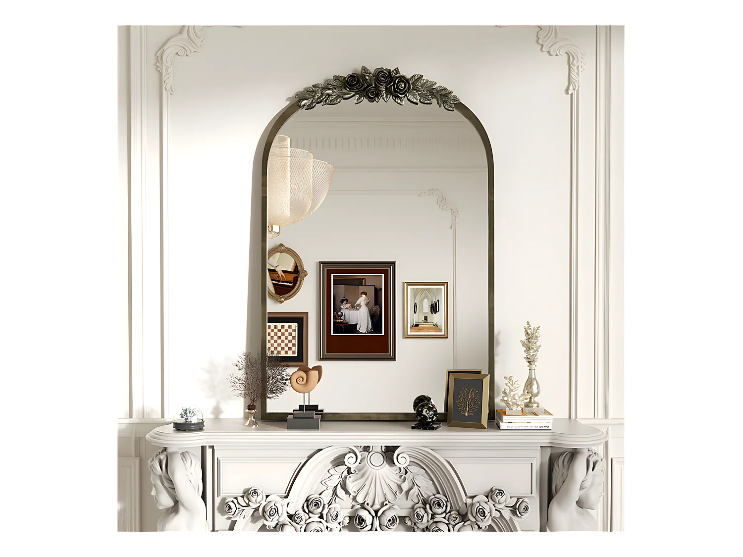 Espejo de pared dorado para decoración de sala de estar - 60,5 x 5 x 91,6 cm, espejo de arco vintage para baño, chimenea, entrada 91,6 x 60,5 cm