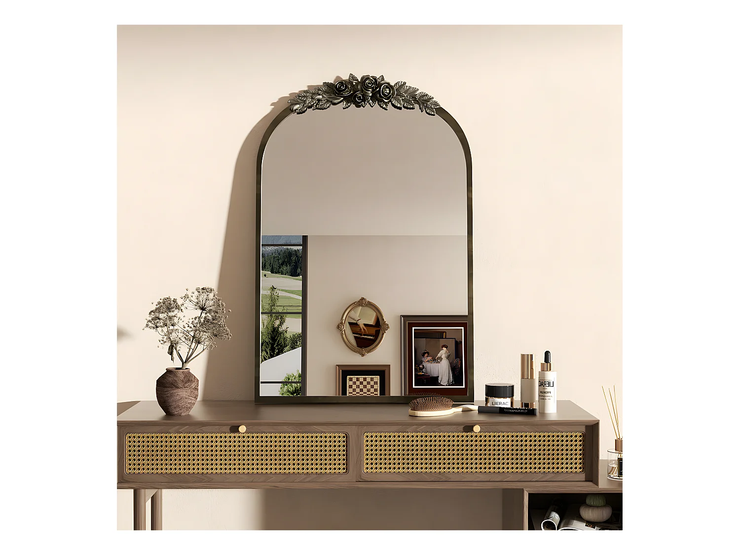 Espejo de pared dorado para decoración de sala de estar - 60,5 x 5 x 91,6 cm, espejo de arco vintage para baño, chimenea, entrada 91,6 x 60,5 cm