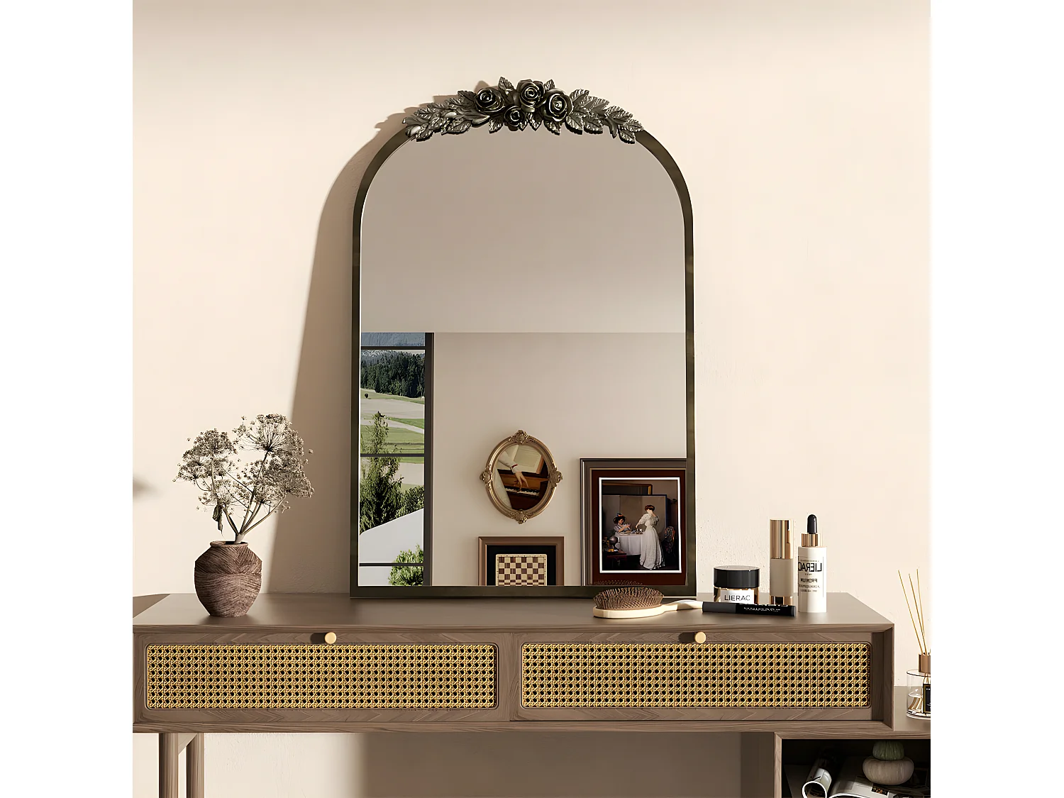 Gouden wandspiegel woonkamerdecoratie - 60,5x5x91,6cm vintage boogspiegel voor badkamer open haard entree 91,6x60,5cm