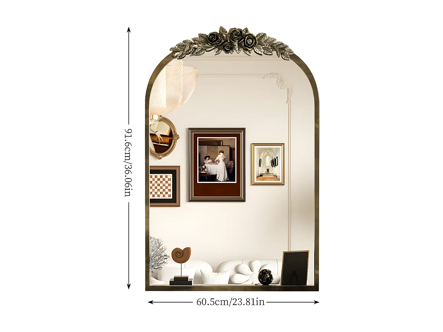 Gouden wandspiegel woonkamerdecoratie - 60,5x5x91,6cm vintage boogspiegel voor badkamer open haard entree 91,6x60,5cm