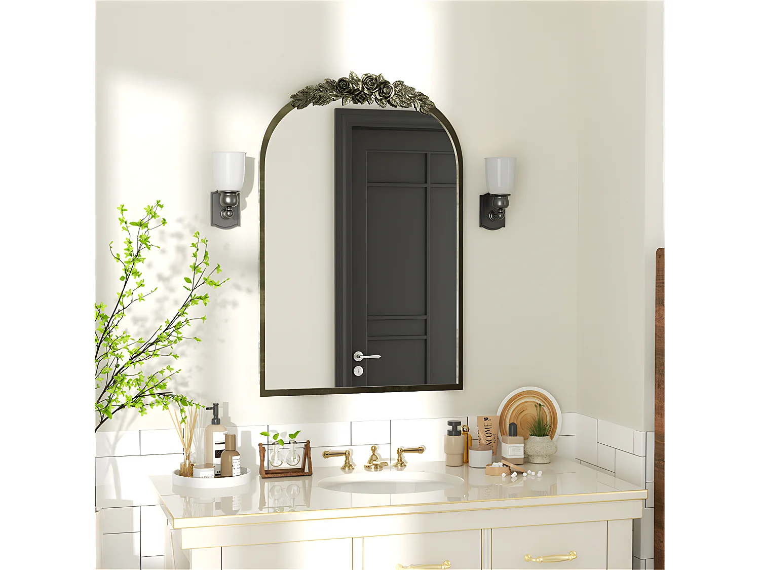 Gouden wandspiegel woonkamerdecoratie - 60,5x5x91,6cm vintage boogspiegel voor badkamer open haard entree 91,6x60,5cm