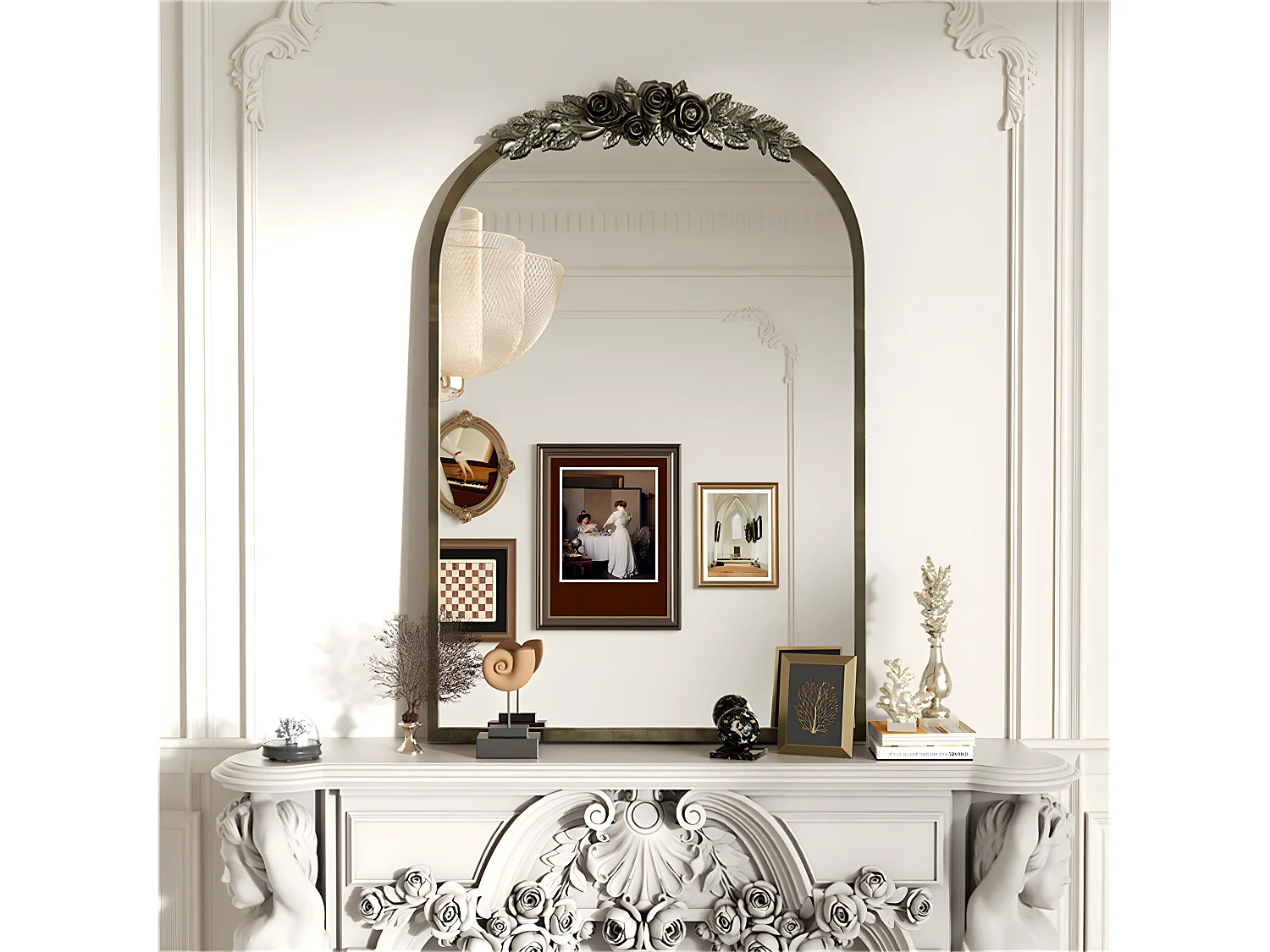 Gouden wandspiegel woonkamerdecoratie - 60,5x5x91,6cm vintage boogspiegel voor badkamer open haard entree 91,6x60,5cm