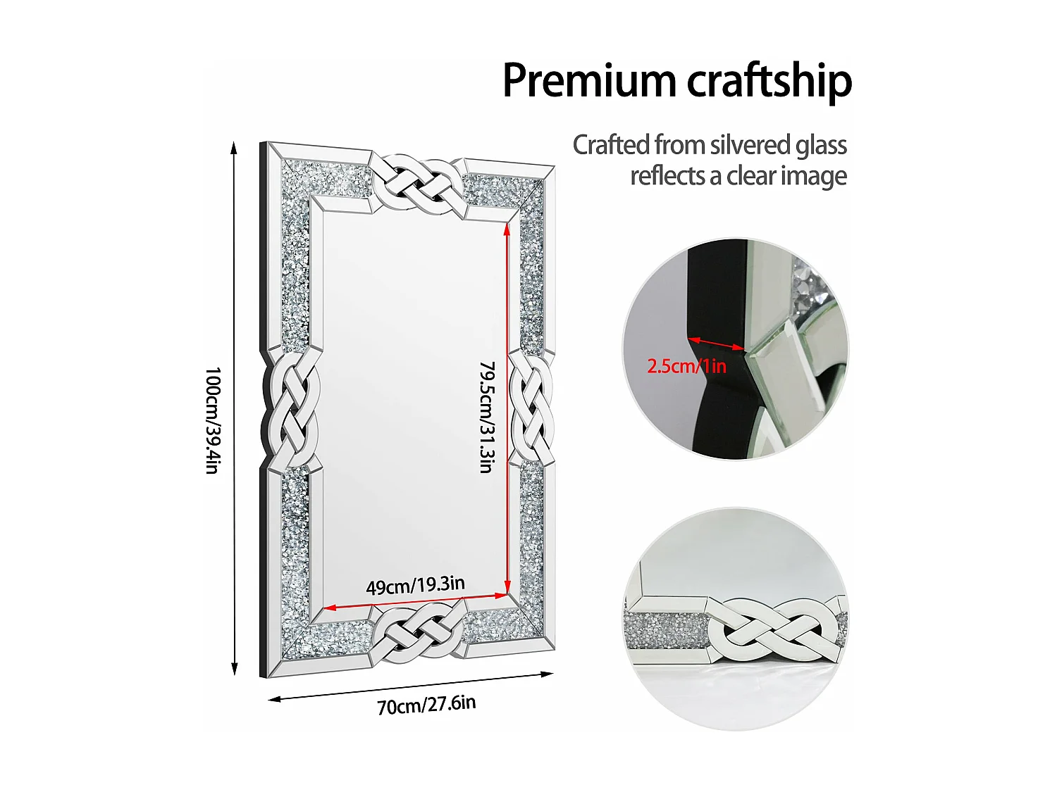 Espejo decorativo grande para salón, espejo de pared decorativo rectangular, espejos de pared de diseño, 100x70cm