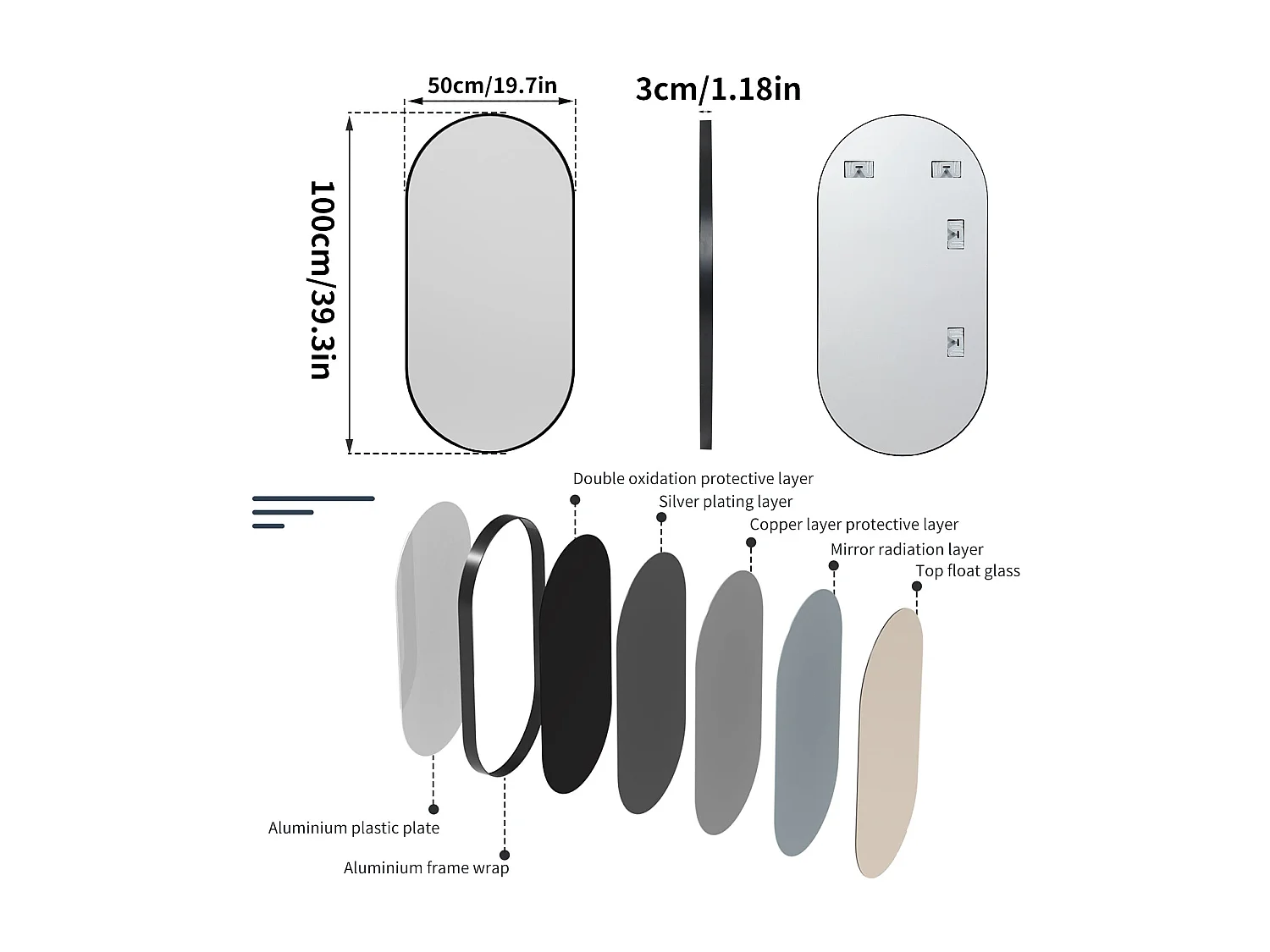 Ovale badkamerspiegel moderne wandspiegel verticaal of horizontaal 100x50cm