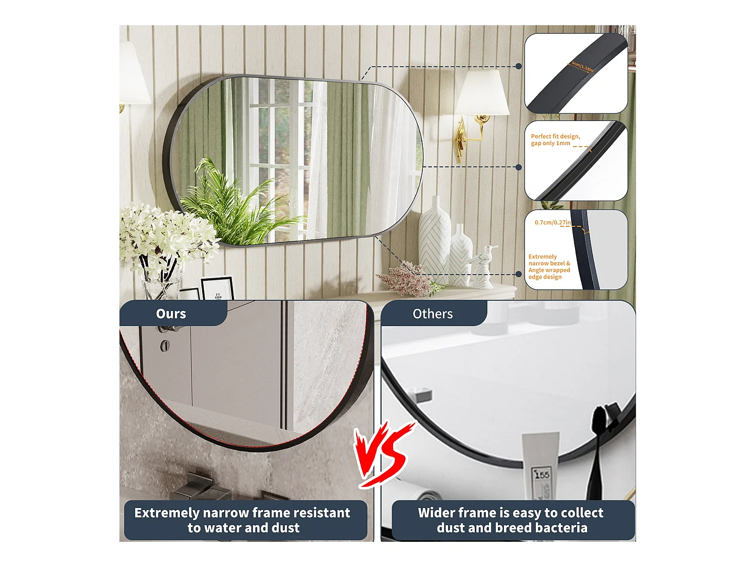 Espejo de baño ovalado moderno espejo de pared vertical u horizontal 100x50cm