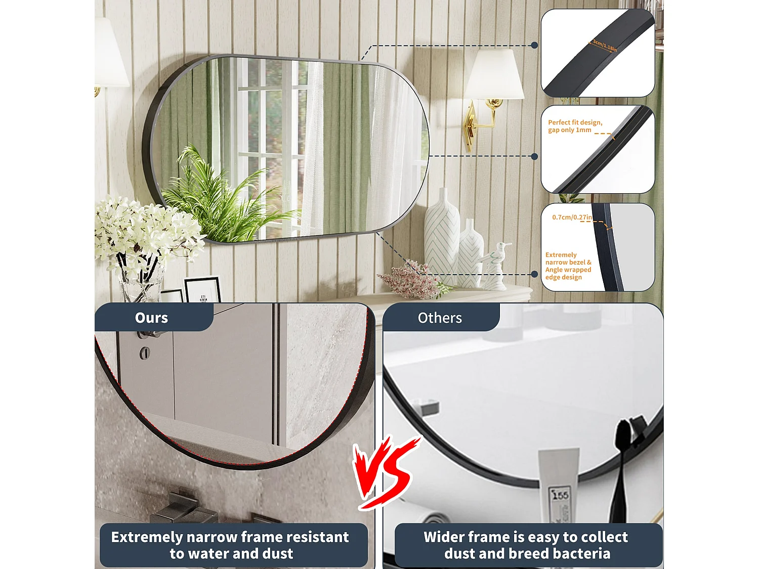 Miroir salle de bain ovale miroir mural moderne vertical ou horizontal 100x50cm