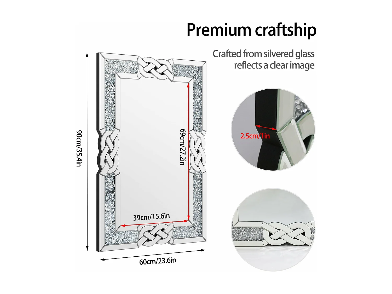 Grand miroir décoration miroir mural décoratif rectangulaire miroirs muraux design cadre pour maison 90x60cm