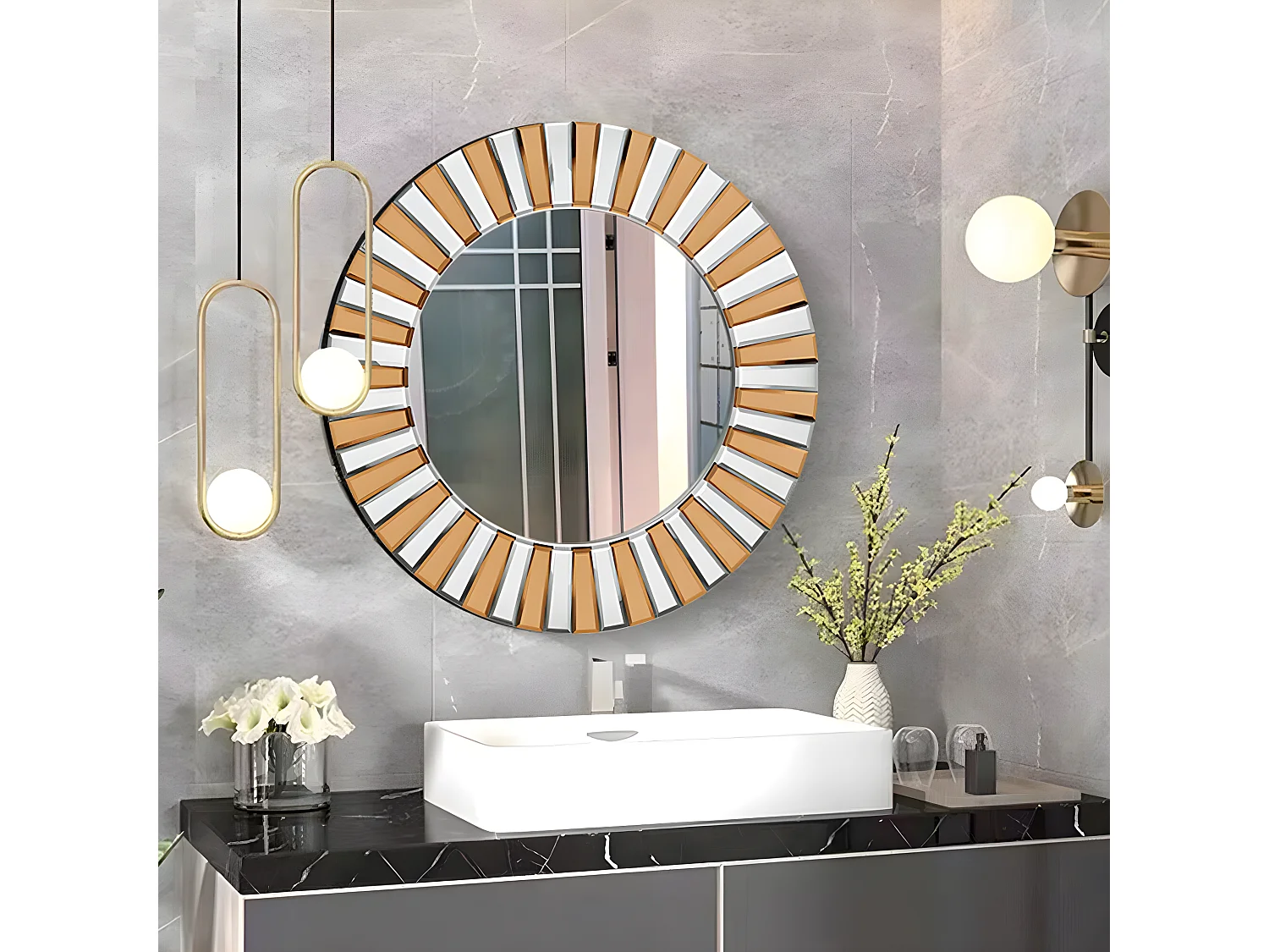 Miroir rond mural décoration salon grand miroir murale déco pour chambre miroir déco design 79x79cm