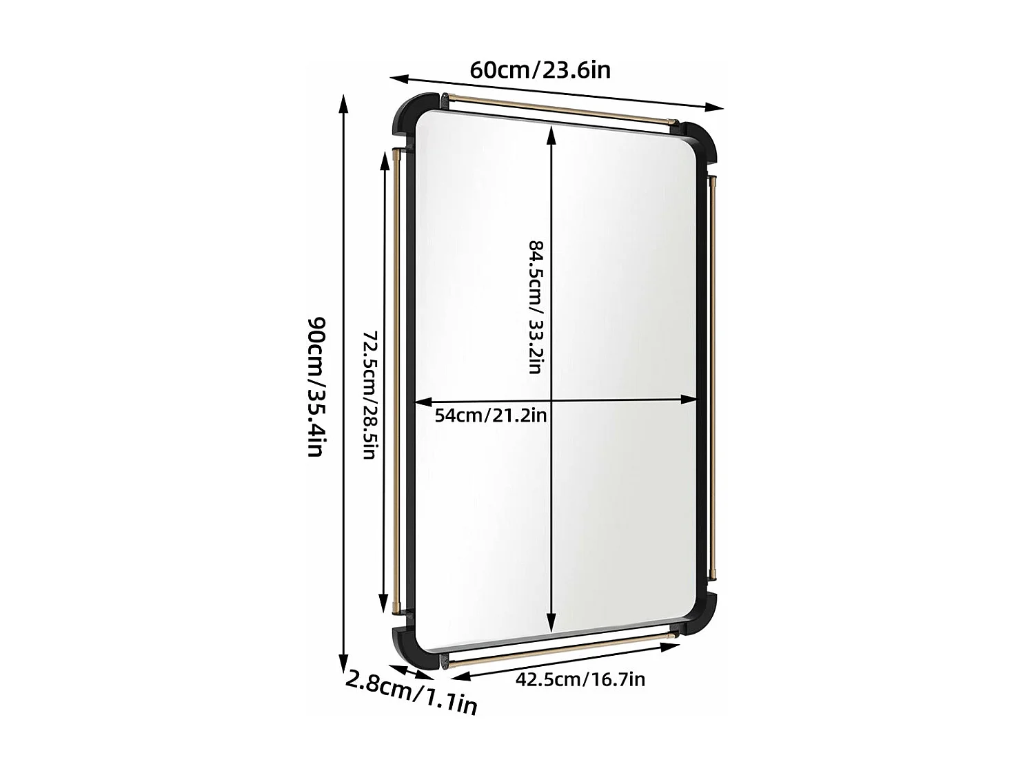 Miroir mural rectangulaire salle de bain grand miroir vintage décoration avec cadre en métal pour chambre salon entrée 90x60cm