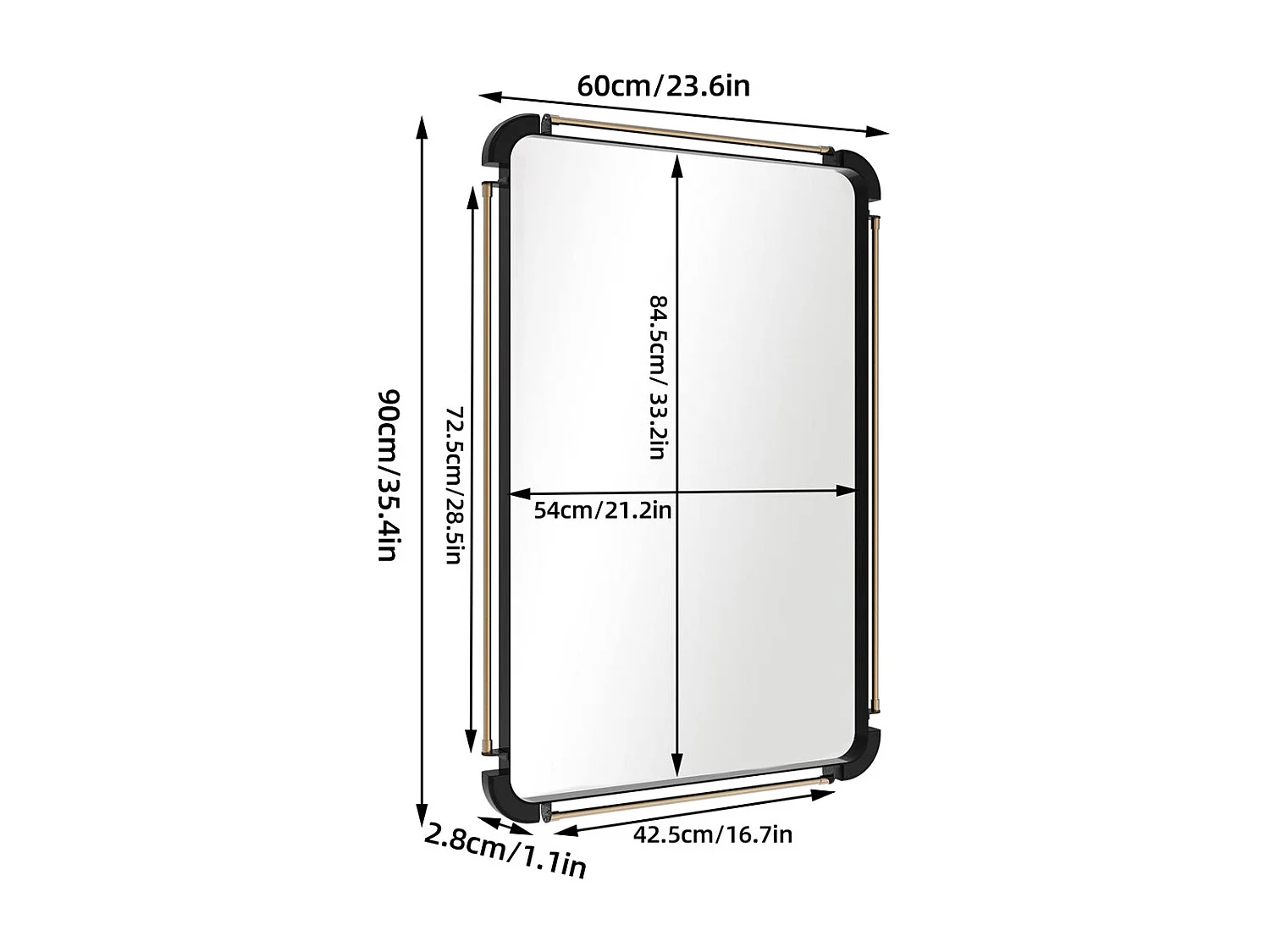 Miroir mural rectangulaire salle de bain grand miroir vintage décoration avec cadre en métal pour chambre salon entrée 90x60cm