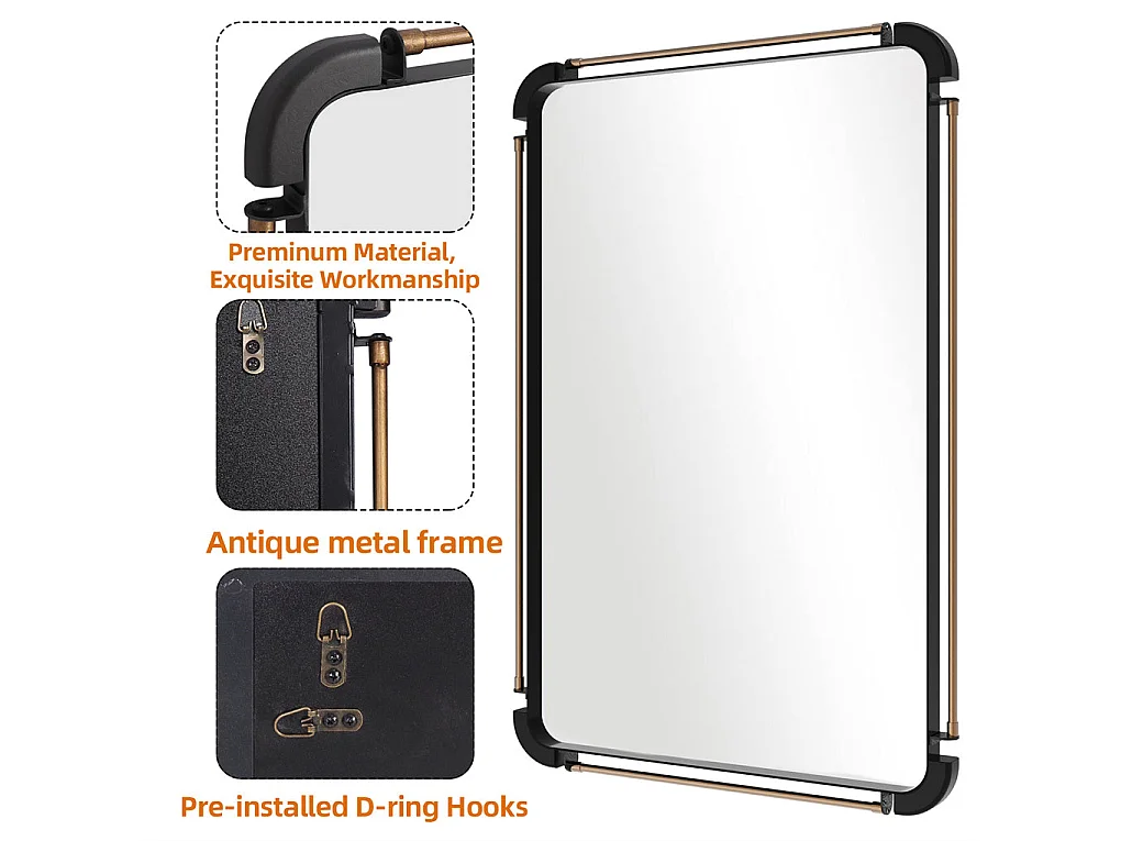 Miroir mural rectangulaire salle de bain grand miroir vintage décoration avec cadre en métal pour chambre salon entrée 90x60cm