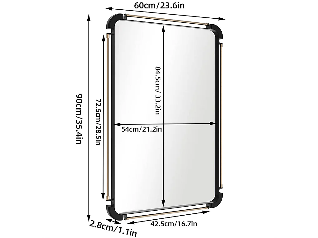 Miroir mural rectangulaire salle de bain grand miroir vintage décoration avec cadre en métal pour chambre salon entrée 90x60cm