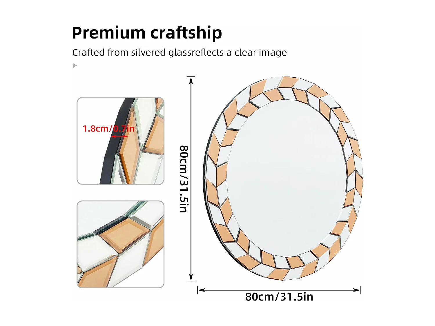 Grand miroir mural déco miroir murale décoration miroirs muraux décoratif design pour salle de bain chambre 80x80cm