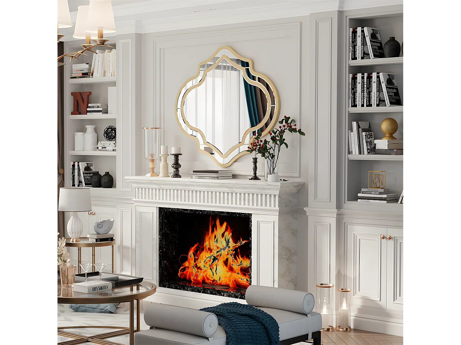 Miroir mural décoration pour salon - 88x80cm miroir décoratif doré pour chambre entrée salle de bain salle à manger 80x88cm