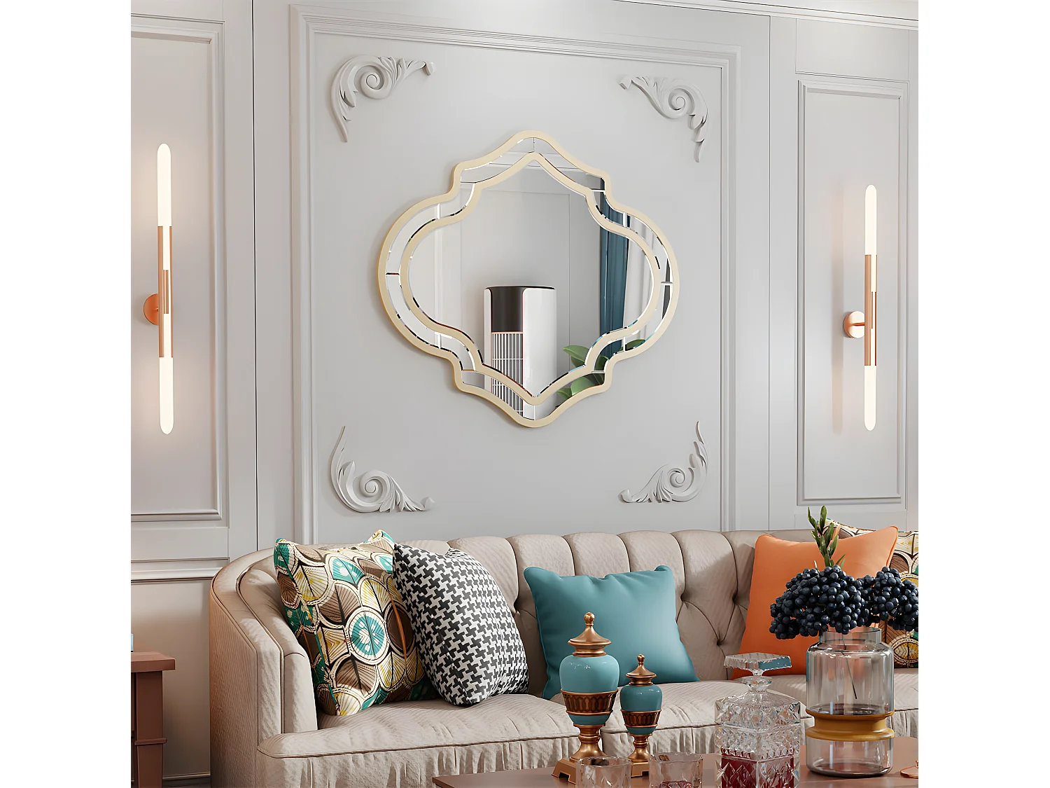 Miroir mural décoration pour salon - 88x80cm miroir décoratif doré pour chambre entrée salle de bain salle à manger 80x88cm