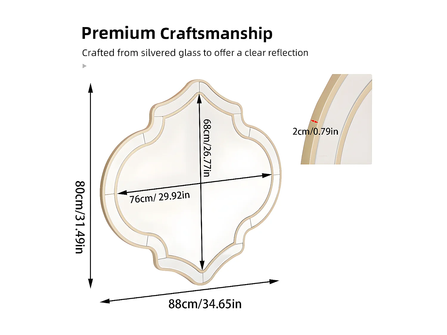 Miroir mural décoration pour salon - 88x80cm miroir décoratif doré pour chambre entrée salle de bain salle à manger 80x88cm