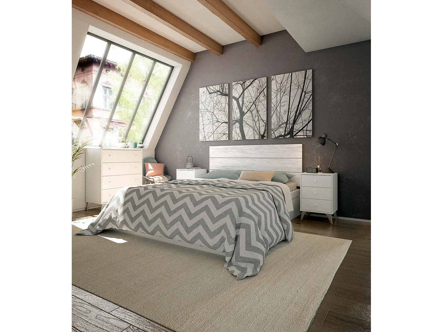 Seattle Nachttisch, Nachttisch mit 3 Schubladen, Nachttisch, 40x34h56 cm, Weiß und Eiche