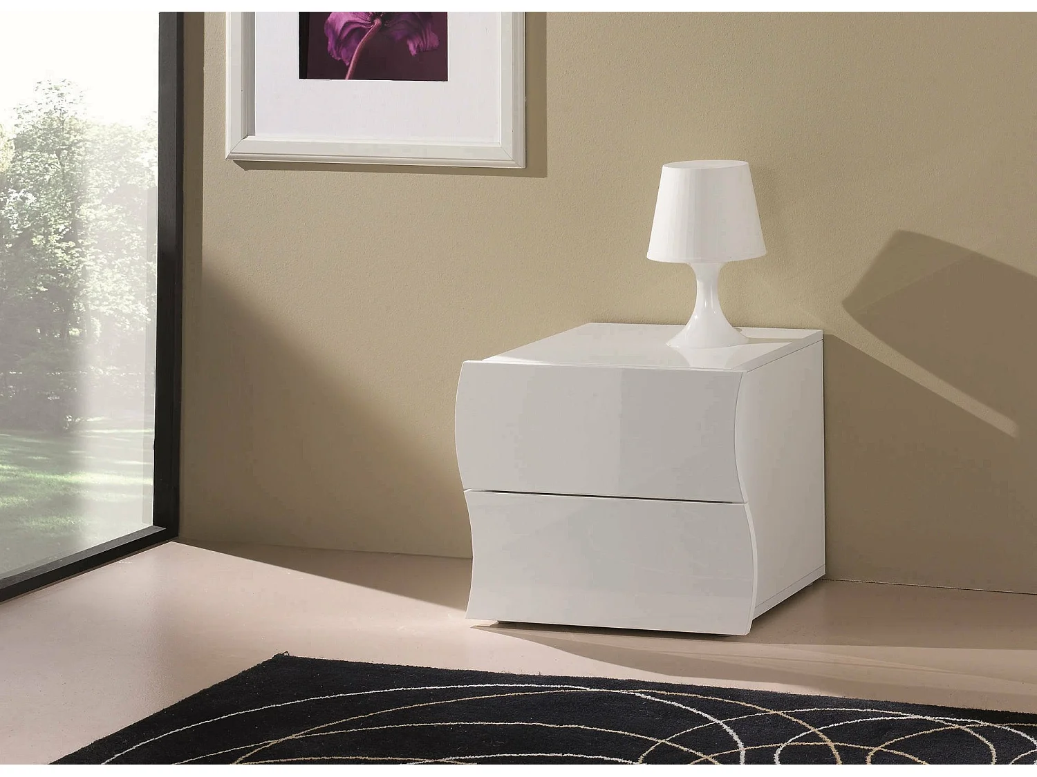 Mesa de cabeceira Edoardo, Mesa de cabeceira com 2 gavetas, Armário de quarto, 100% Fabricado na Itália, 50x40h41 cm, Branco brilhante