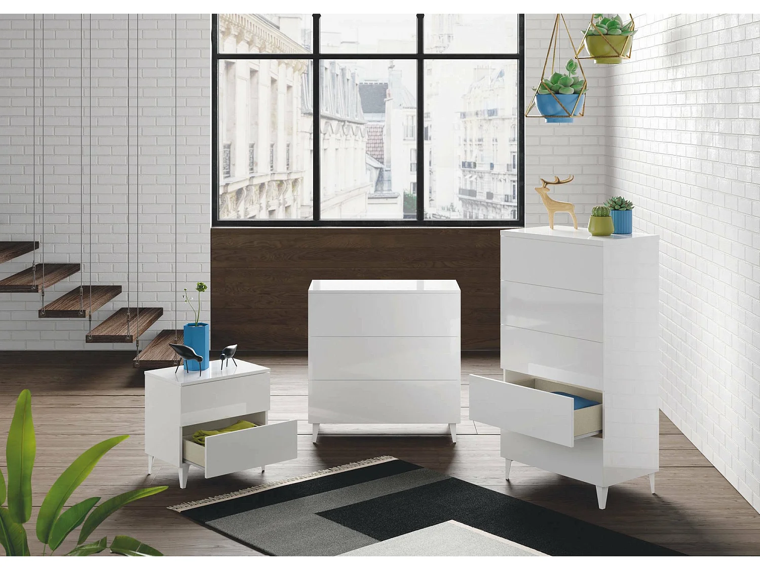 Mesa de cabeceira Nashville, mesa de cabeceira com 2 gavetas, mesa de cabeceira, cômoda baixa para quarto, 50x34h49 cm, branco brilhante