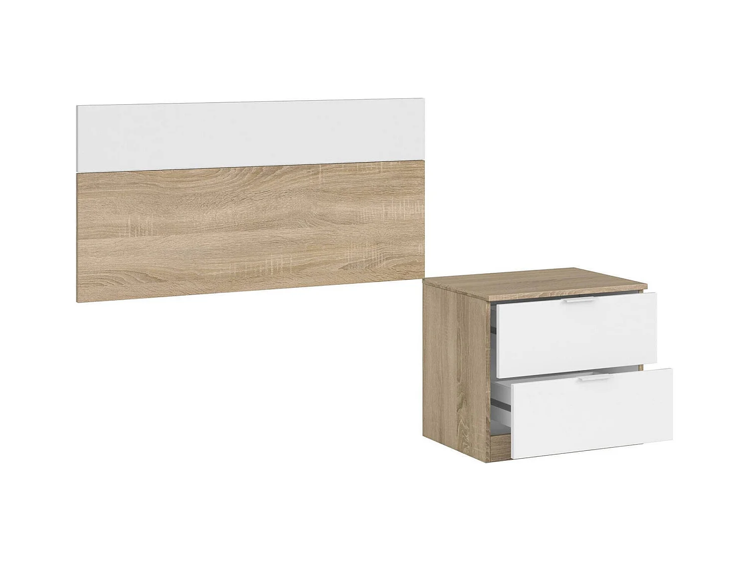 Tête de lit Honolulu, Table de chevet à deux tiroirs avec tête de lit pour lit simple de 90 cm, 100h50 cm, Chêne et Blanc