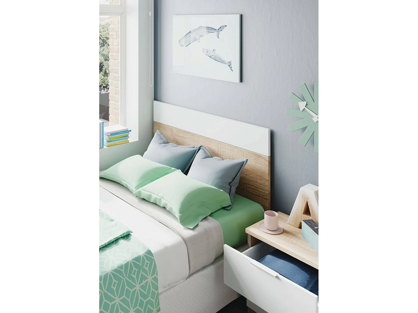 Cabecero Honolulu, Mesita de noche con dos cajones y cabecero para cama individual de 90 cm, 100 x 50 cm, Roble y Blanco