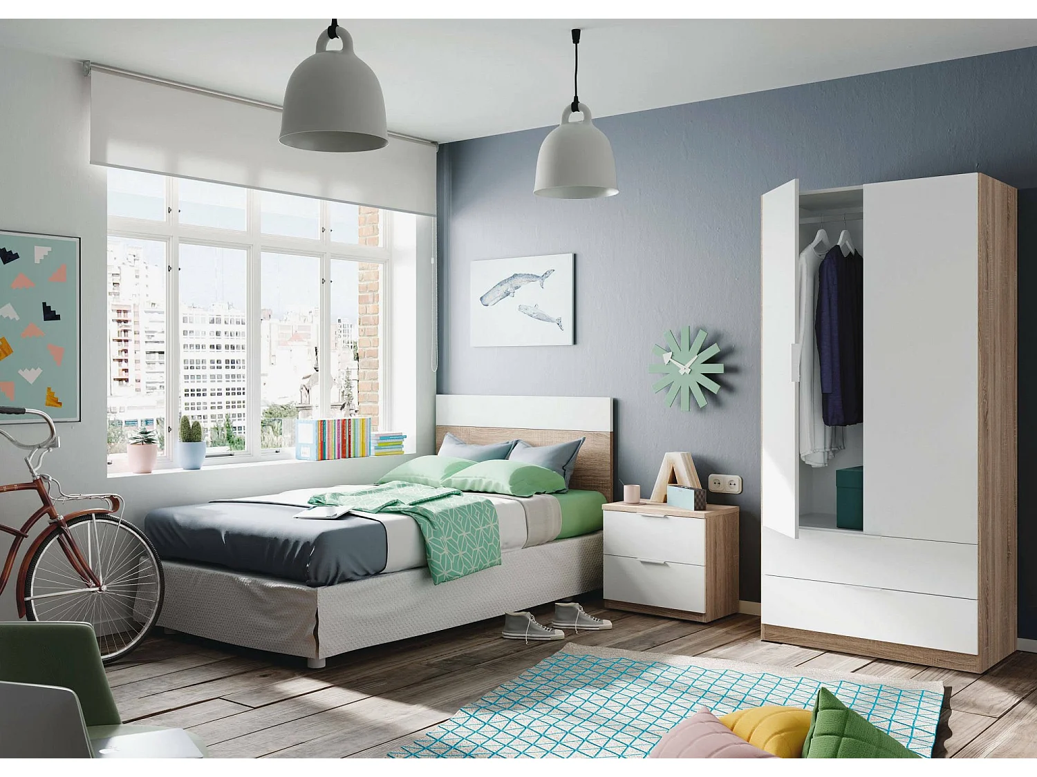 Cabecero Honolulu, Mesita de noche con dos cajones y cabecero para cama individual de 90 cm, 100 x 50 cm, Roble y Blanco