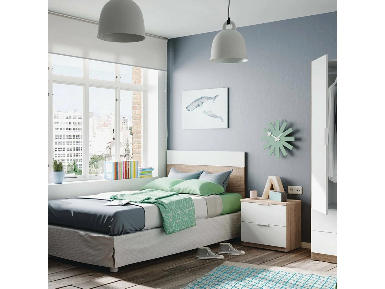 Testiera letto Honolulu, Comodino a due cassetti con testiera per letto singolo da 90 cm, 100h50 cm, Rovere e Bianco