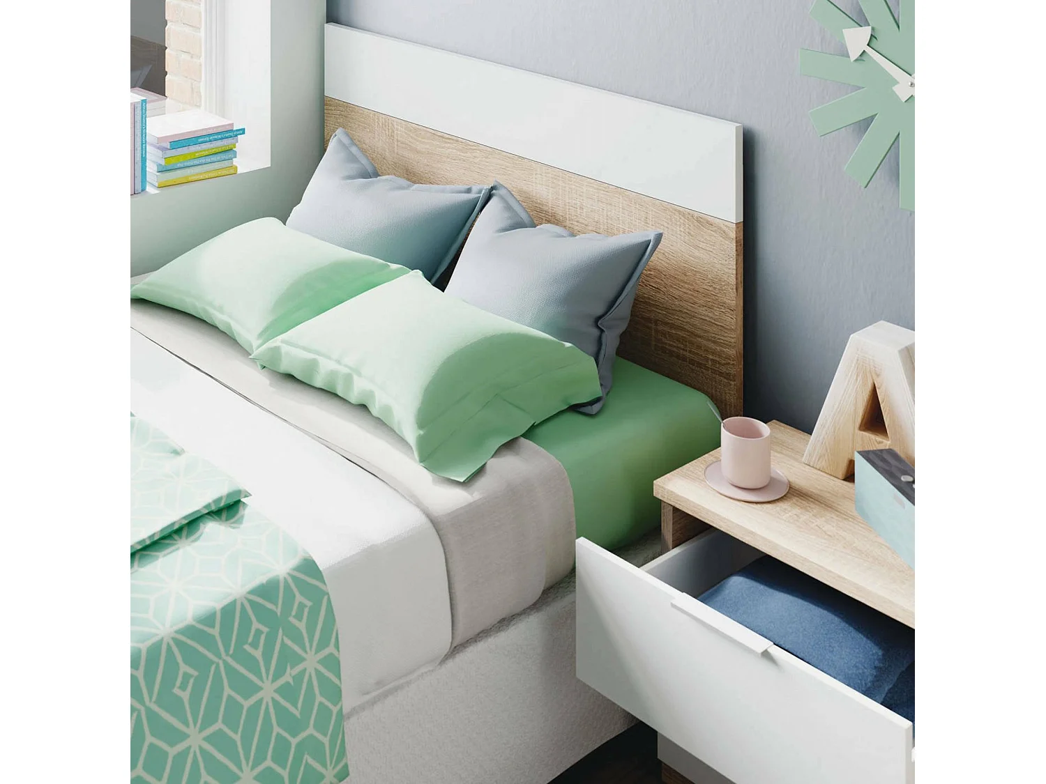 Testiera letto Honolulu, Comodino a due cassetti con testiera per letto singolo da 90 cm, 100h50 cm, Rovere e Bianco