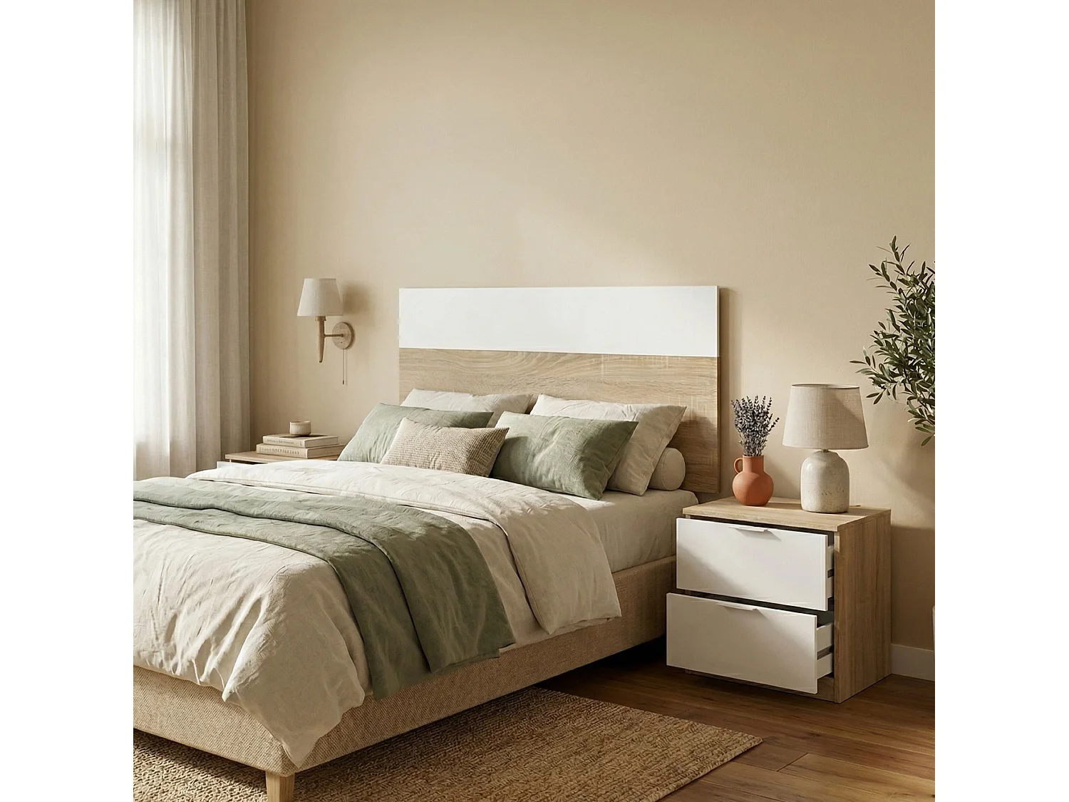 Tête de lit Honolulu, Table de chevet à deux tiroirs avec tête de lit pour lit simple de 90 cm, 100h50 cm, Chêne et Blanc